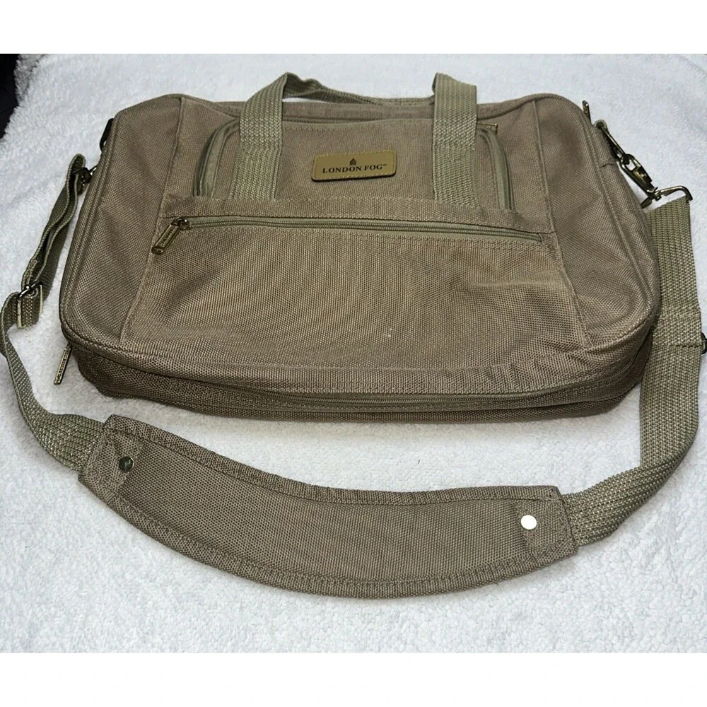 London Fog Messenger Laptop Bag Khaki Canvas W/Shoulder Strap 4 Zipper Pockets